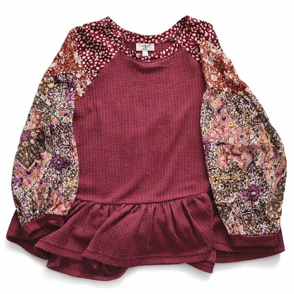 Umgee Tops - Umgee Peplum Top Womens S Burgundy Waffle Knit Balloon Sleeve Boho Flowy